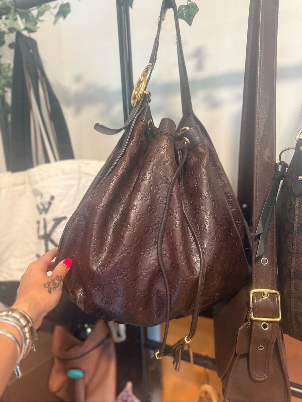 Gucci Dark Brown Embossed Leather Drawstring Hobo Bag - Picture 10 of 10